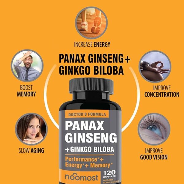 Authentic Korean Red Panax Ginseng + Ginkgo Biloba, 120 Vegan Capsules, Ginseng Root Extract Powder 1000mg (10% Ginsenosides) + Gingko Biloba 60mg, Energy and Focus Pills for Men and Women