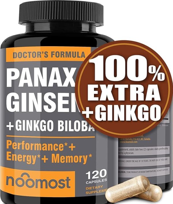 Authentic Korean Red Panax Ginseng + Ginkgo Biloba, 120 Vegan Capsules, Ginseng Root Extract Powder 1000mg (10% Ginsenosides) + Gingko Biloba 60mg, Energy and Focus Pills for Men and Women