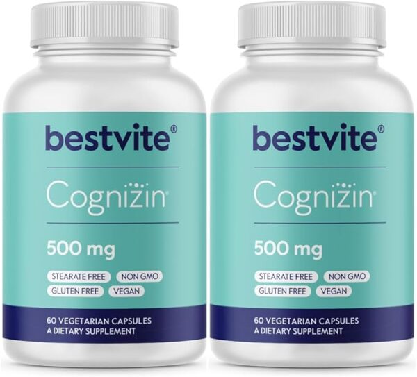 BESTVITE Cognizin Citicoline 500mg (60 Vegetarian Capsules) - Clinically Studied Form of Citicoline - No Stearates - Vegan - Non GMO - Gluten Free - Brain Supplements for Memory and Focus