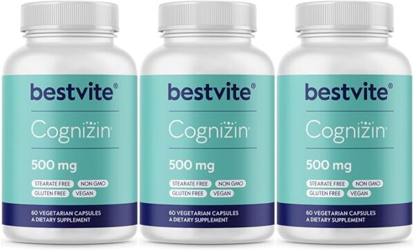 BESTVITE Cognizin Citicoline 500mg (60 Vegetarian Capsules) - Clinically Studied Form of Citicoline - No Stearates - Vegan - Non GMO - Gluten Free - Brain Supplements for Memory and Focus