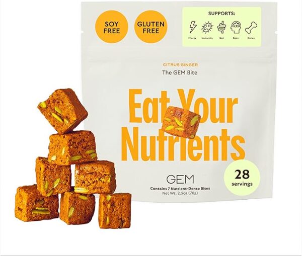 GEM Daily Essentials Citrus Ginger Multivitamin | 4 x 7-Bite Pack | Supports Energy, Gut, Skin, Brain, Bone & Immunity | 20+ Whole-Food Vitamins & Minerals | Gluten Free, Soy Free, No Animal Products