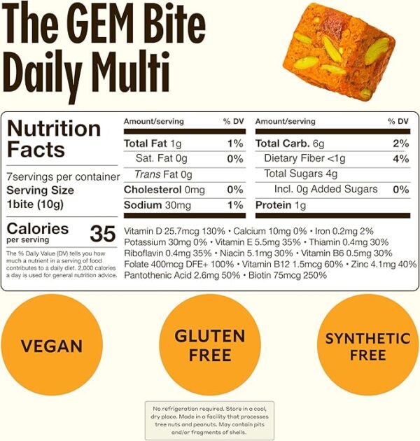 GEM Daily Essentials Citrus Ginger Multivitamin | 4 x 7-Bite Pack | Supports Energy, Gut, Skin, Brain, Bone & Immunity | 20+ Whole-Food Vitamins & Minerals | Gluten Free, Soy Free, No Animal Products