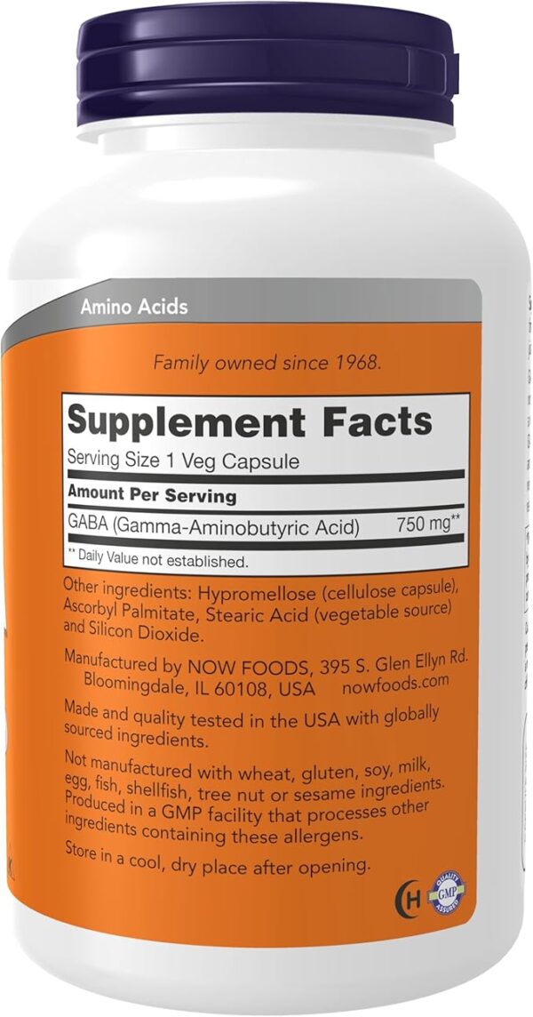 NOW Supplements, GABA (Gamma-Aminobutyric Acid) 750mg, Neurotransmitter Support*, 100 Veg Capsules