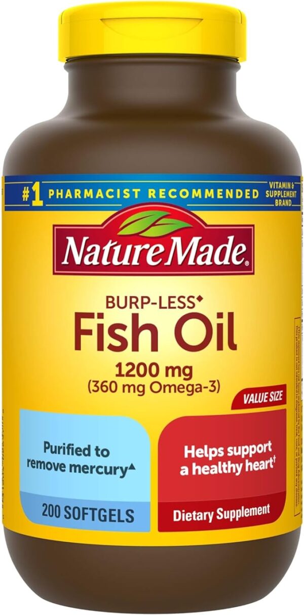 Nature Made Burp Less Ultra Omega 3 Fish Oil Supplements 1400 mg, Omega 3 Supplement for Healthy Heart, Brain and Eyes Support, One Per Day, 90 Softgels