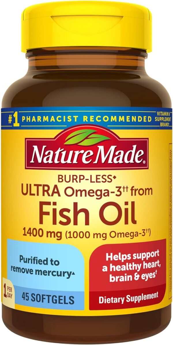 Nature Made Burp Less Ultra Omega 3 Fish Oil Supplements 1400 mg, Omega 3 Supplement for Healthy Heart, Brain and Eyes Support, One Per Day, 90 Softgels