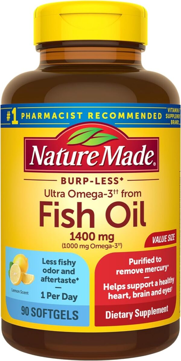 Nature Made Burp Less Ultra Omega 3 Fish Oil Supplements 1400 mg, Omega 3 Supplement for Healthy Heart, Brain and Eyes Support, One Per Day, 90 Softgels