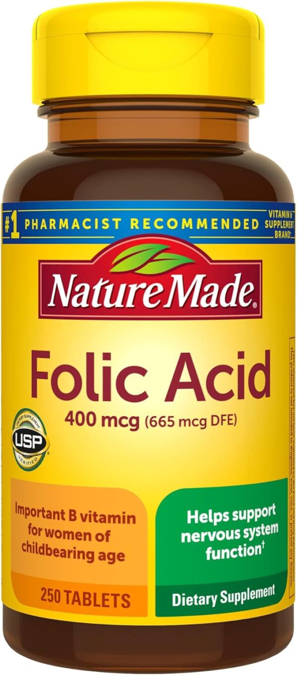 Nature Made Folic Acid 400 mcg (665 mcg DFE), Dietary Supplement for Nervous System Function, 250 Tablets, 250 Day Supply