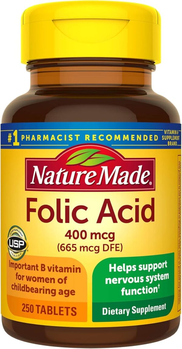 Nature Made Folic Acid 400 mcg (665 mcg DFE), Dietary Supplement for Nervous System Function, 250 Tablets, 250 Day Supply