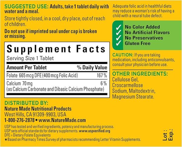 Nature Made Folic Acid 400 mcg (665 mcg DFE), Dietary Supplement for Nervous System Function, 250 Tablets, 250 Day Supply