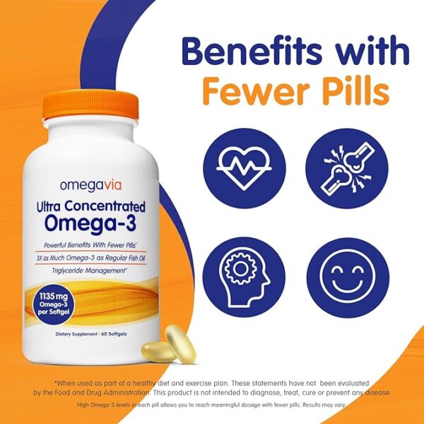 OmegaVia Ultra Concentrated Omega 3 Fish Oil Burpless, 60 Softgels, Triple Strength Omega 3 Fish Oil Supplements, 1135 mg Pure Omega3, No Fishy Burps, High EPA DHA DPA, IFOS 5-Star