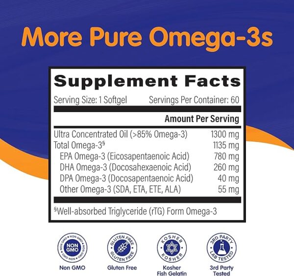 OmegaVia Ultra Concentrated Omega 3 Fish Oil Burpless, 60 Softgels, Triple Strength Omega 3 Fish Oil Supplements, 1135 mg Pure Omega3, No Fishy Burps, High EPA DHA DPA, IFOS 5-Star