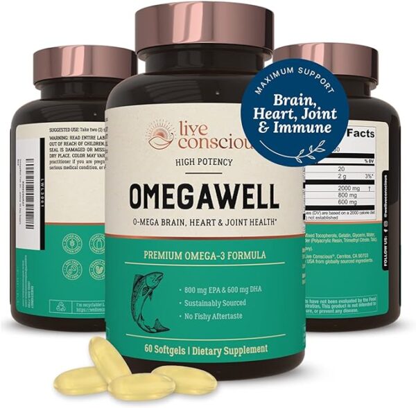 OmegaWell Omega 3 Fish Oil - 2000mg Capsules: Heart, Brain, & Joint Support - 800 mg EPA 600 mg DHA - w/Natural Lemon Oil, Sustainably Sourced - Mini Softgels - 30 Day Supply